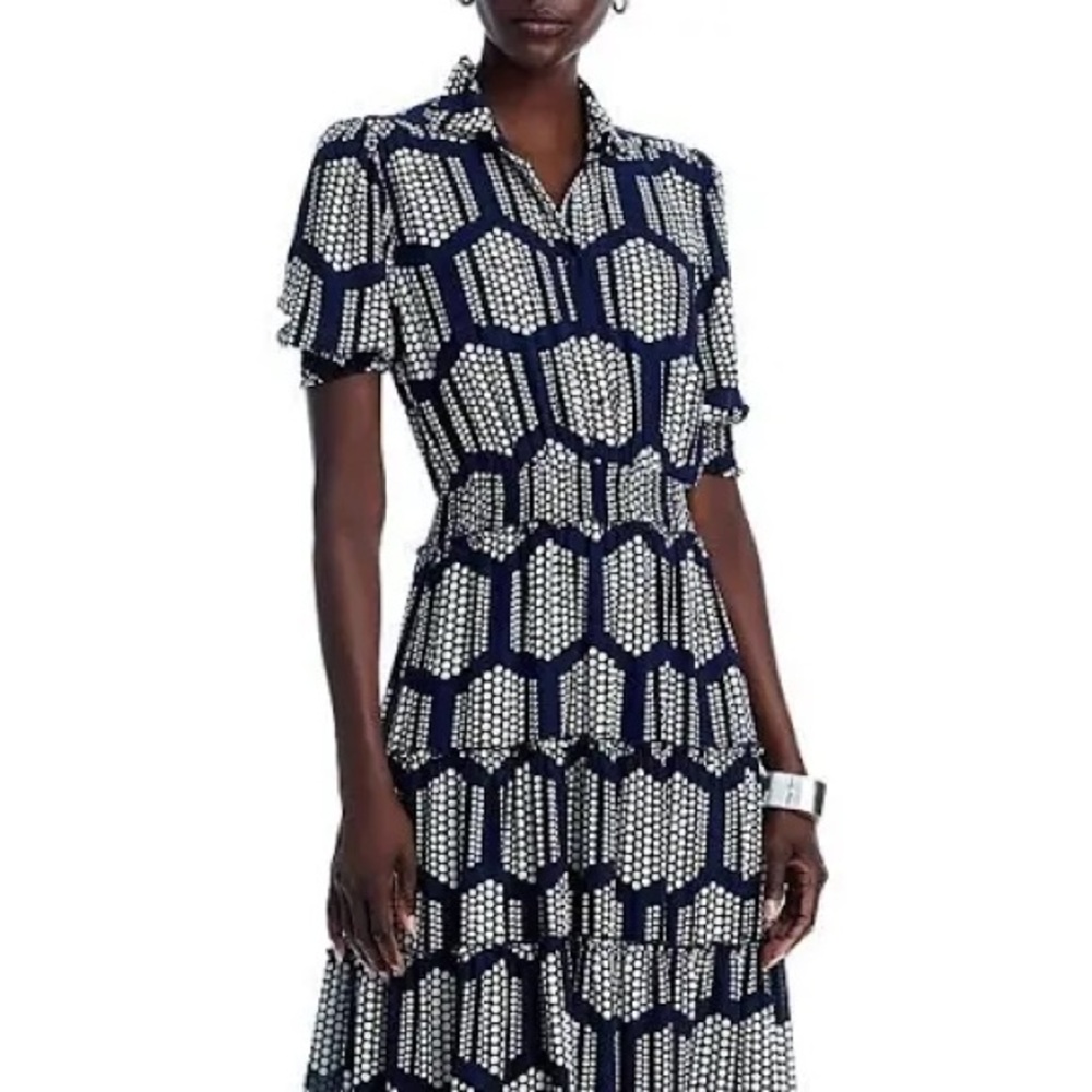 New with tag. Tahari Navy and White Geometric Collared Maxi Dress